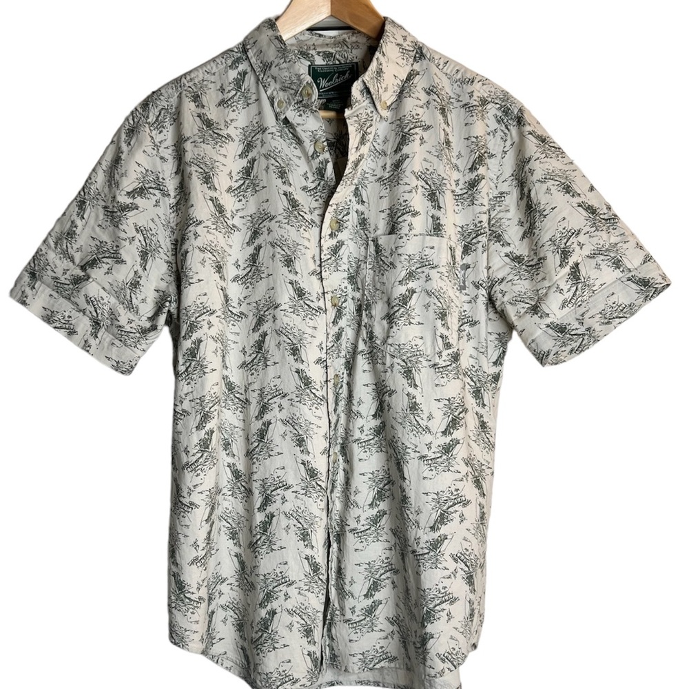 Woolrich Men's Short-sleeved Zavikon Cotten Shirt Green Camping Print Size M